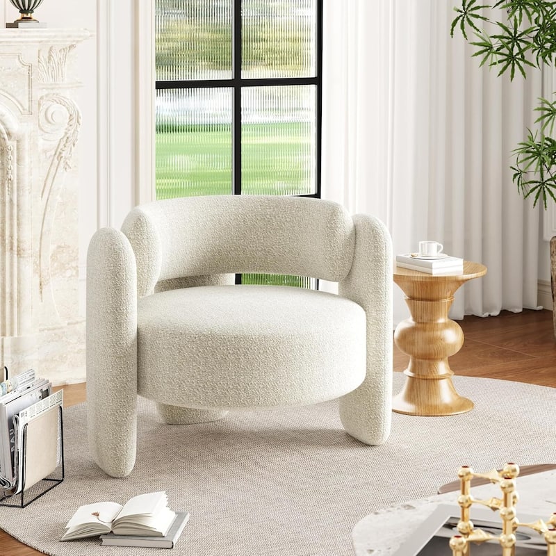 Modern Sherpa Upholstered Boucle Accent Barrel Sofa Chair for Living Room, Bedroom - White