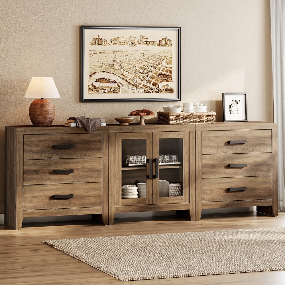 WAMPAT Farmhouse Buffet Cabinet with Glass Doors and Drawers, 3-Piece Modular Sideboard