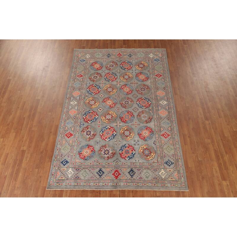 All-Over Geometric Kazak Oriental Area Rug Handmade Wool Carpet - 6'4"x 9'9"