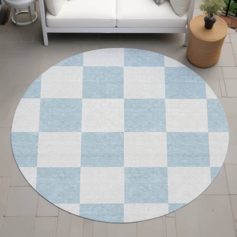 Machine Washable Indoor/ Outdoor Modern Checker Chantille Rug - Sky - 8' x 8'