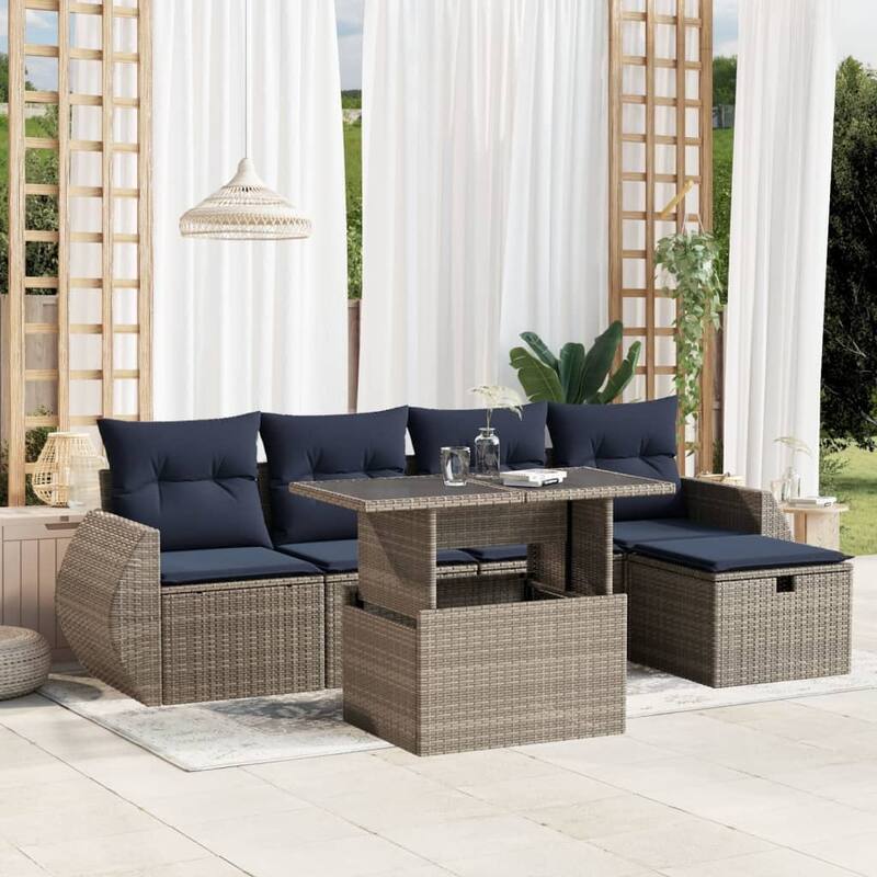 vidaXL Patio Sofa Set with Cushions Sectional Couches 6 Piece Poly Rattan - Gray - 21.7" x 24.4" x 27.2"