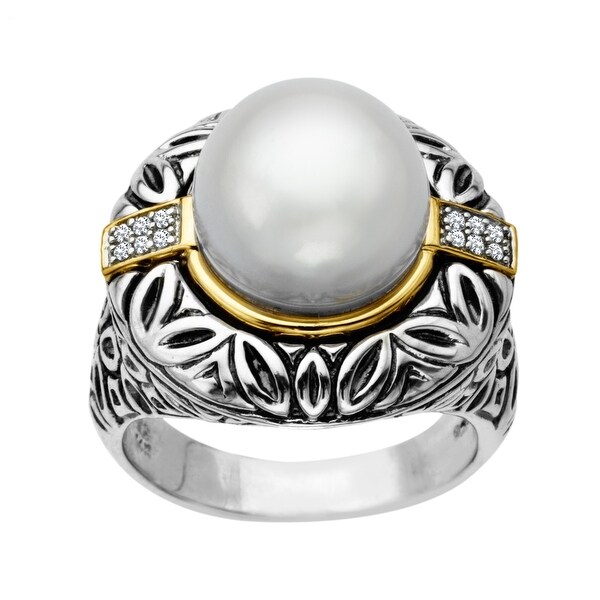 12 mm Pearl Ring with Diamonds in Sterling Silver and 14K Gold