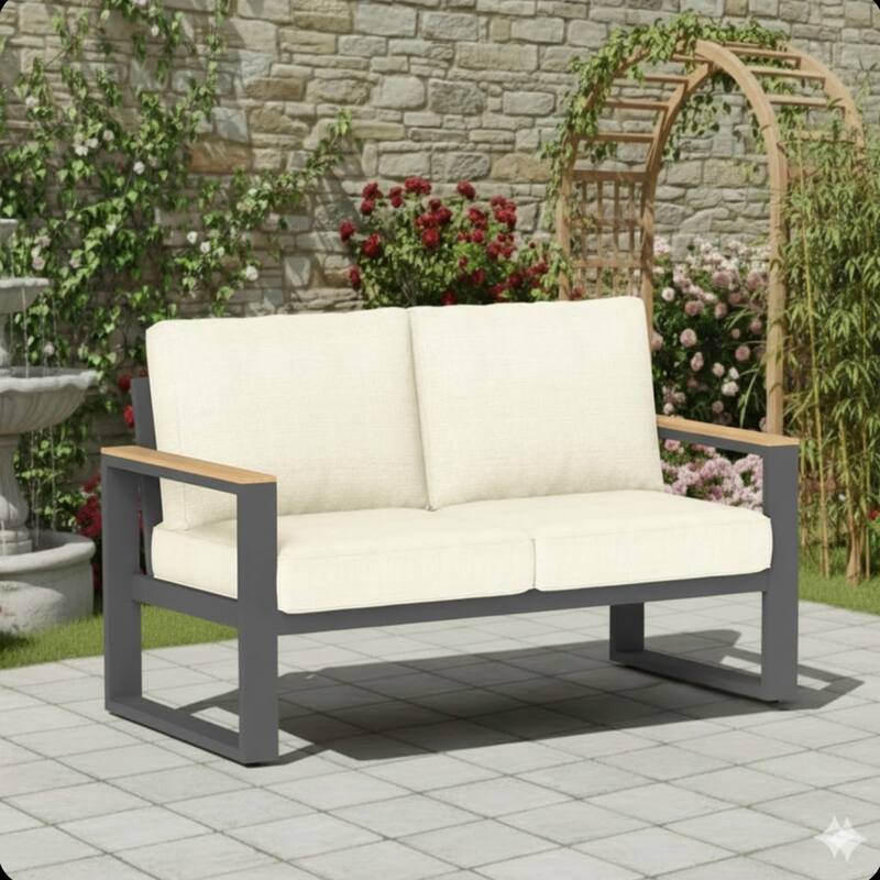 52" Aluminum Patio Loveseat Sofa with Thick Beige Cushions