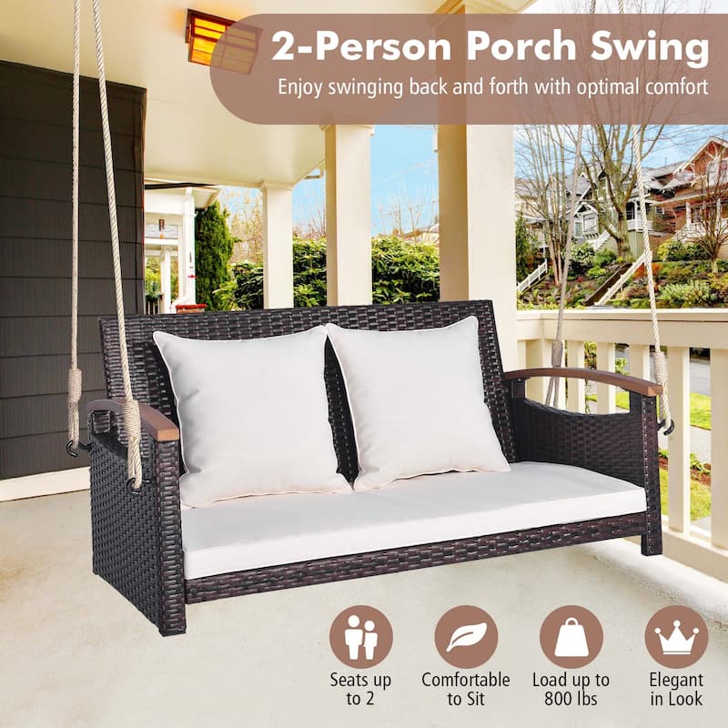 Patio Rattan Porch Swing Loveseat Hanging Chair Cushioned