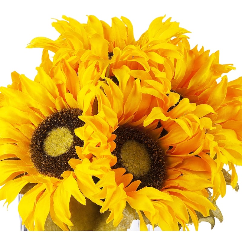 Enova Home 7 Heads Artificial Silk Sunflowers Fake Flowers Arrangement in Cube Glass Vase with Faux Water for Home Office Decor