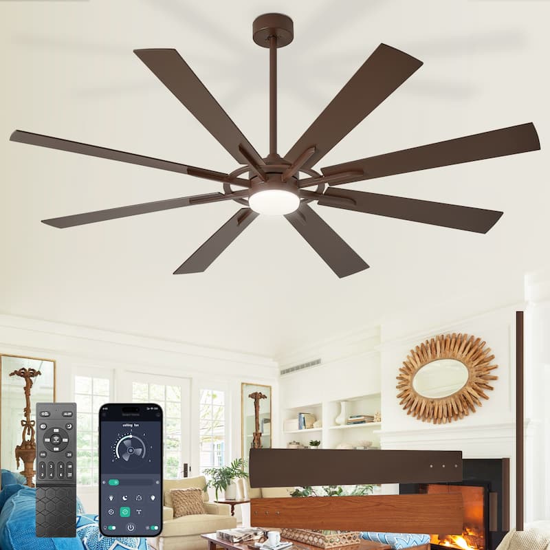 Modern 72 Inch 8 Blade Outdoor large Ceiling Fans with Lights: Dimmable Indoor Reversible 6 Speed Quiet DC Motor - 72in - Brown