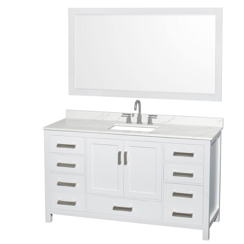 Sheffield 60-inch Single Vanity, 3 Hole Quartz Top, 58-inch Mirror - White, Chrome Trim, Giotto Quartz Top