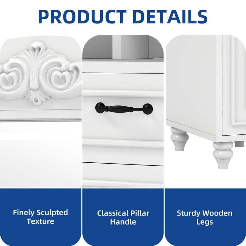 Moasis Modern 5-Drawer Makeup Vanity Table With Exquisite Carved and Built-in Charging Station