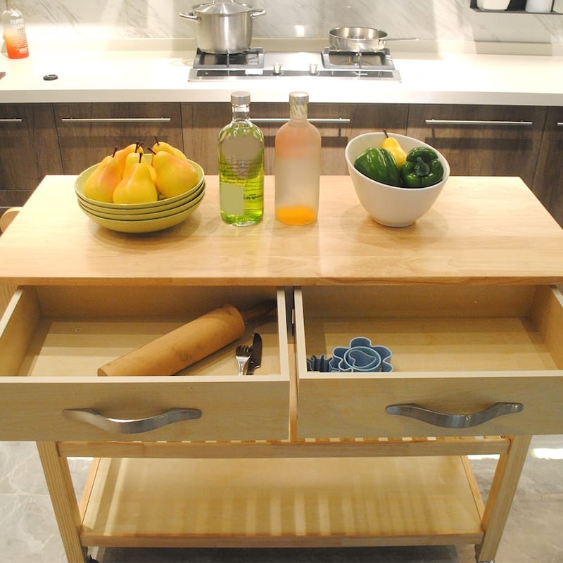 45" Kitchen Island Cart with Wheels, 2 Drawers & Open Storage Shelves - 45 x 17 x 35 inches