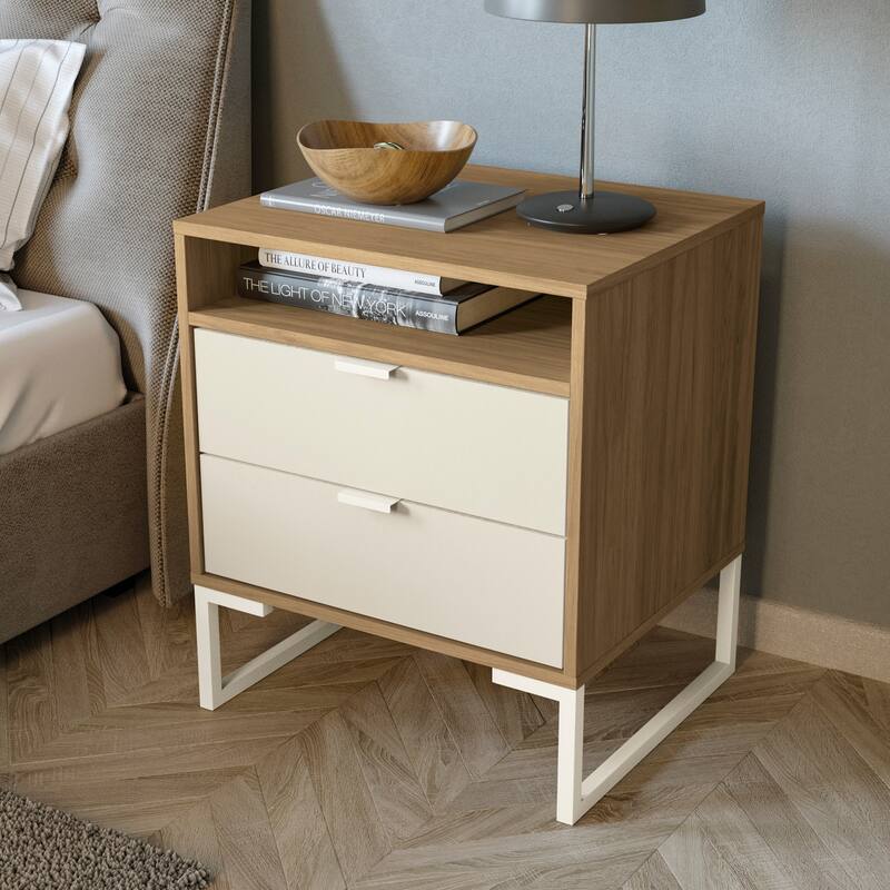 Mid-Century Modern Collins Nightstand - 2 Drawers & Niche