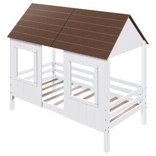 Twin Size Low Loft Wood House Bed with Two Front Windows and Roof - Bed ...