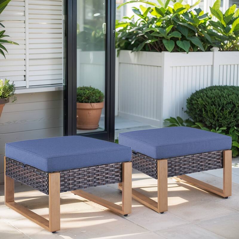 Gymojoy 2 Wicker Ottomans w/Removable Cushions - Brown - Brown - Blue