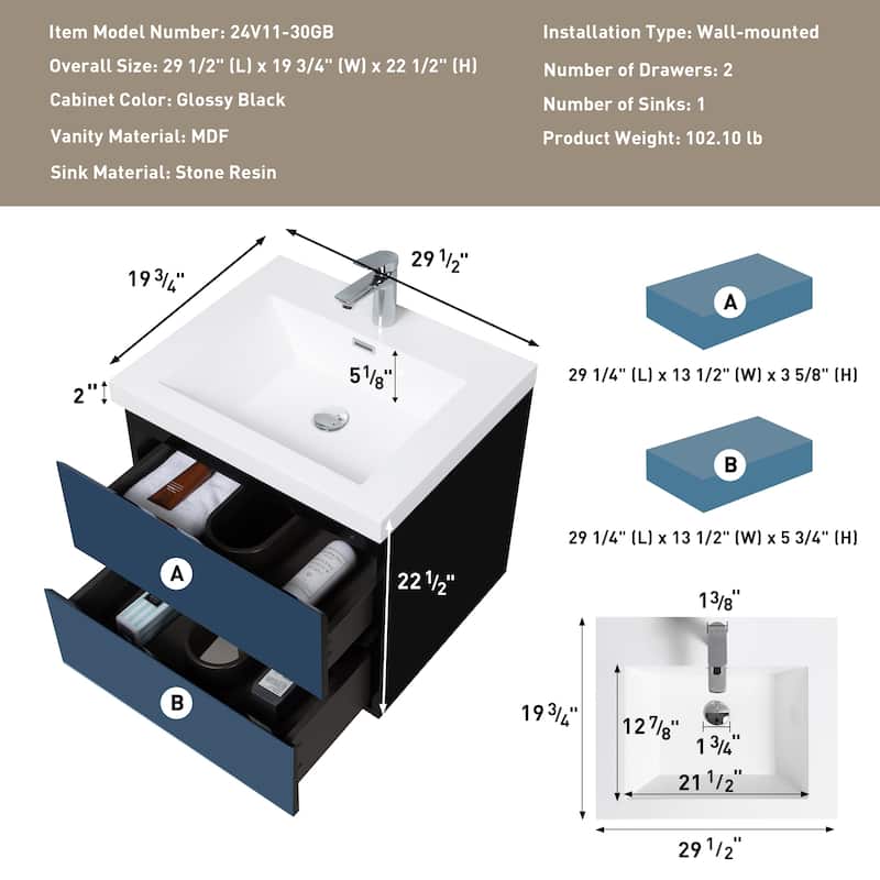30" Modern Wall-Mounted Floating Bathroom Vanity with Sink, Drawers