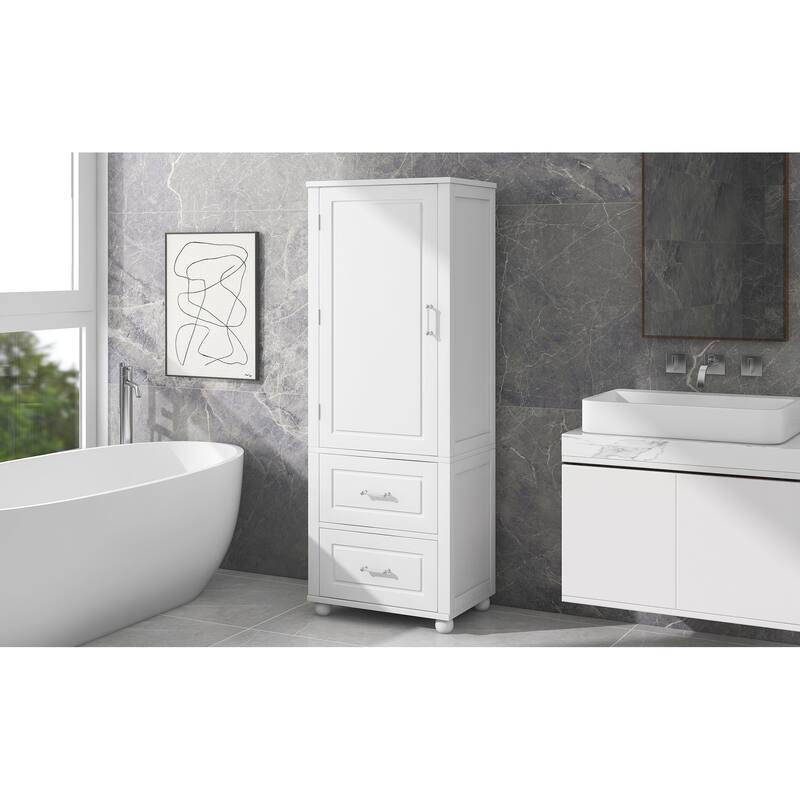GDFStudio - Rowan Tall Freestanding Bathroom Storage Cabinet with Two Drawers and Adjustable Shelf