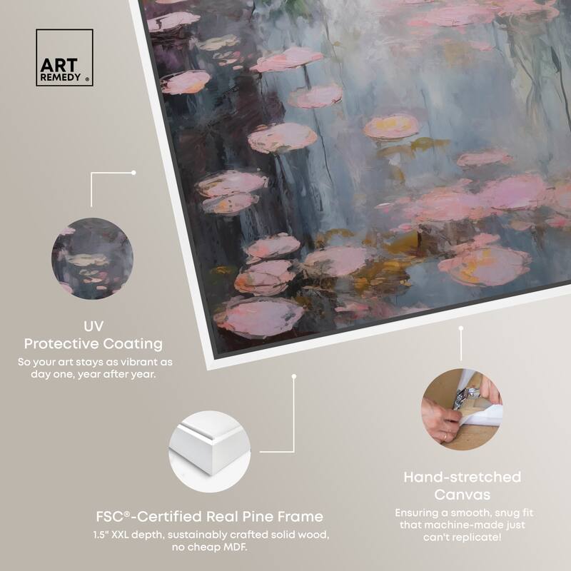 Art Remedy Pink Impressionisty Lilypads Framed Impressionism 1 Piece Canvas Wall Art /Monet And Van Gogh Inspired Art