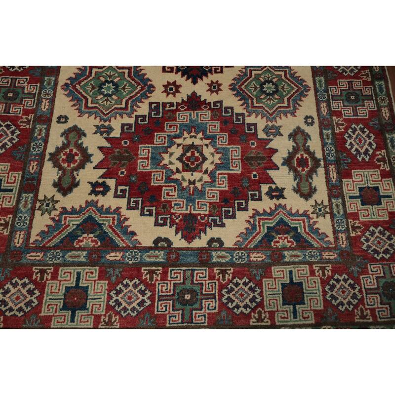 Hand Knotted Oriental 100% Wool Carpet Traditional Geometric Beige & Ivories Kazak Area Rug - 5' 11'' X 4' 1''