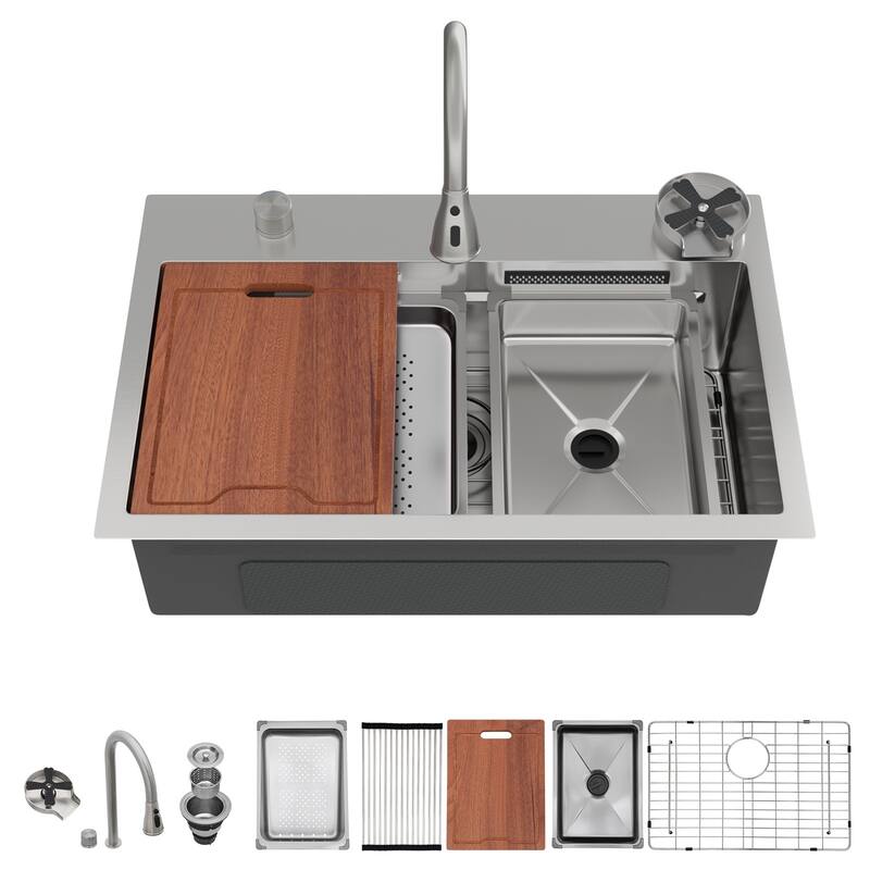 31.5 Inch Drop-in Single Bowl 16 Gauge Stainless Steel Kitchen Sink with Pull-Down Faucet - 31.5'' x 21'' x 9.4''