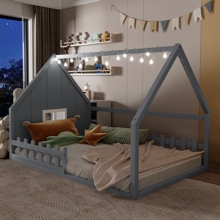 Full-Size Wood House Bed with Window and Fence, Full Bed Frame