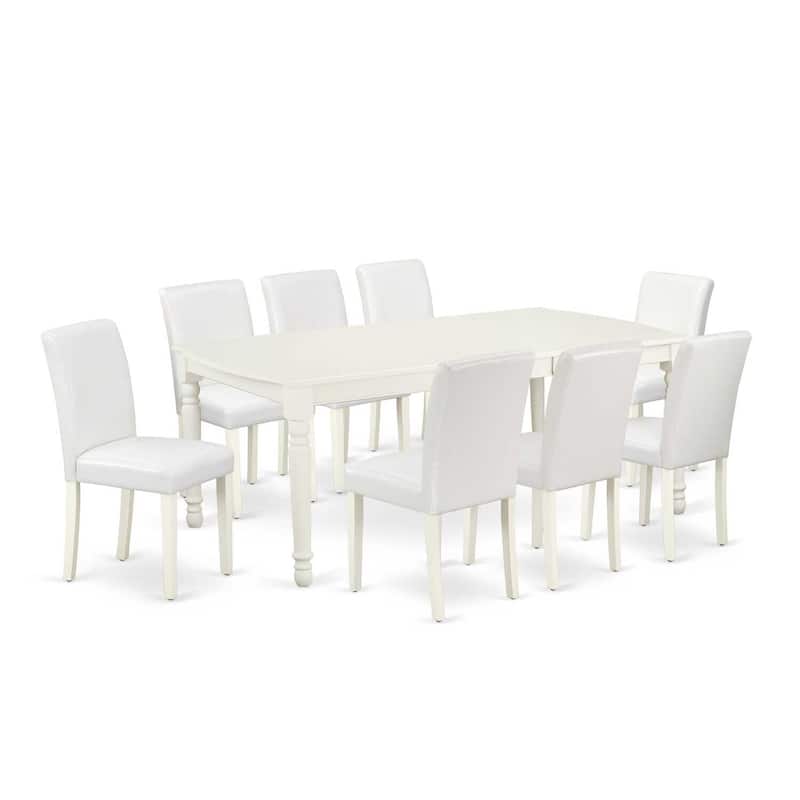 Rectangle Dining Table Set 9Pc - 60x78 Inch Table w/ Leaf & 8 Chairs - Linen White Legs, White PU Leather