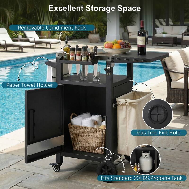 33.9" Outdoor Metal Grill Cart with Drop Leaf, Wheels, Stainless Steel Top, Storage Cabinet & Spice & Paper Rack
