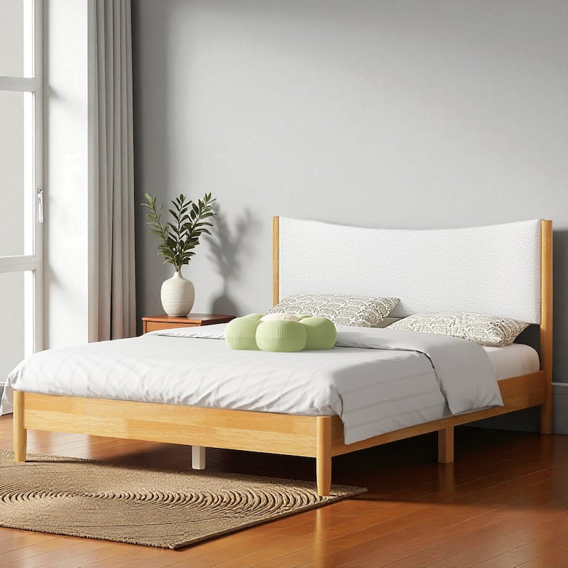 Queen Size Solid Rubber Wood Platform Bed with Boucle Upholstered Headboard and Support Feet, No Box Spring Needed
