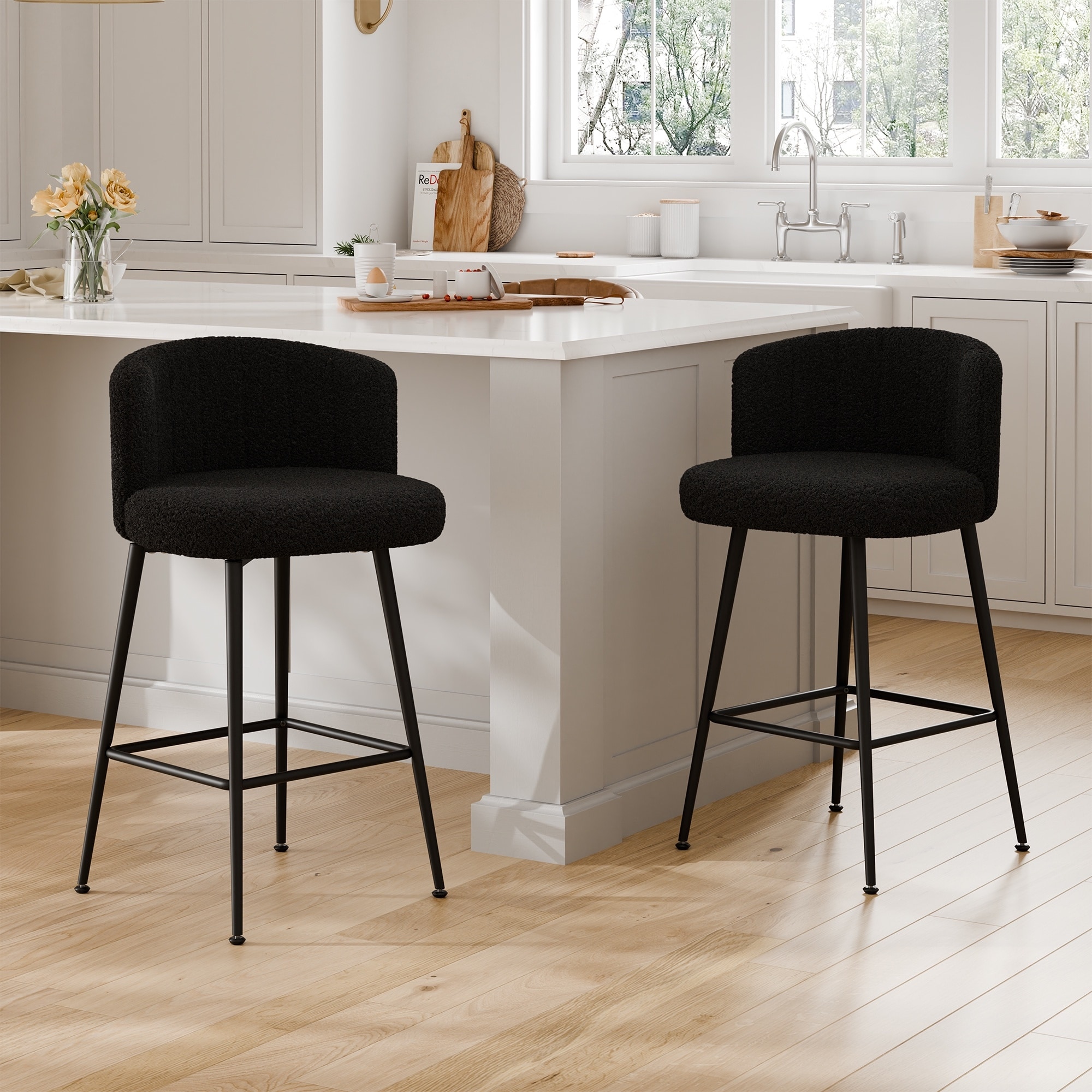 27.2" Swivel Upholstered Bar & Counter Stools with Back and Metal Frame, Modern Boucle / Leather Kitchen Chair Set