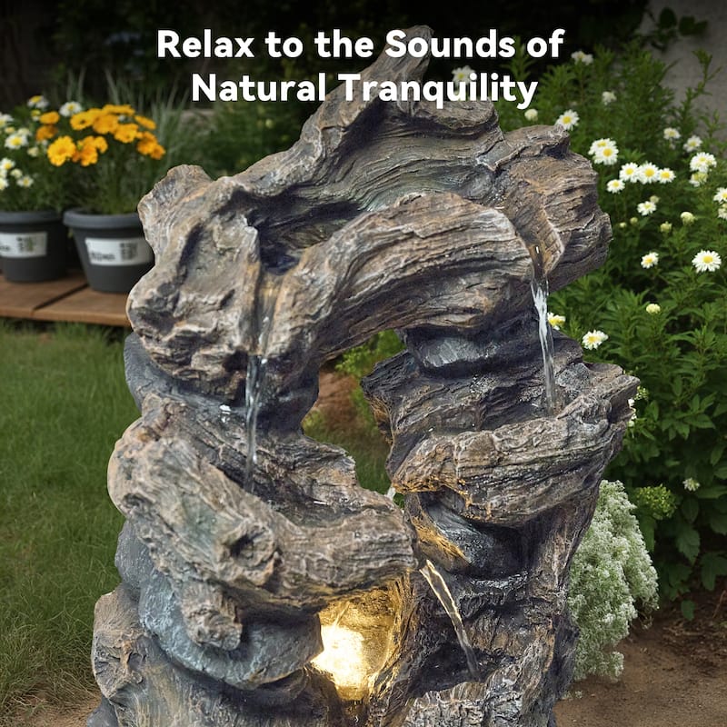 Outdoor 4-Tier Hand Crafted Polyresin Rainforest Wood Weather Resistant Fountain