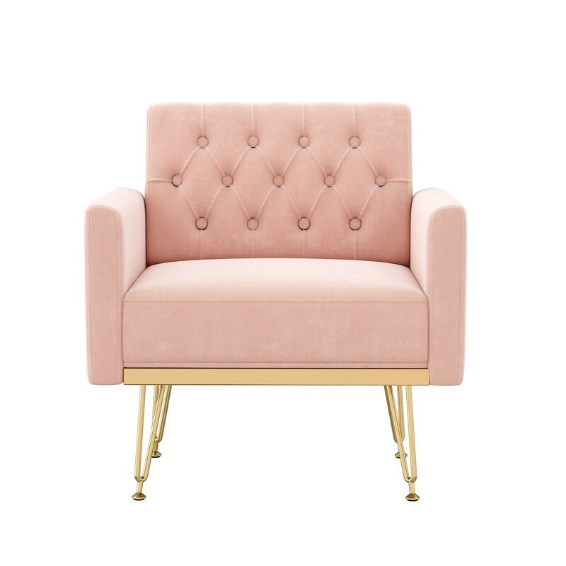 Comfy Velvet Accent Chair, Oversized Tufted Upholstered Reading Chairs, Single Sofa Chair with Metal Legs for Living Room - Pink
