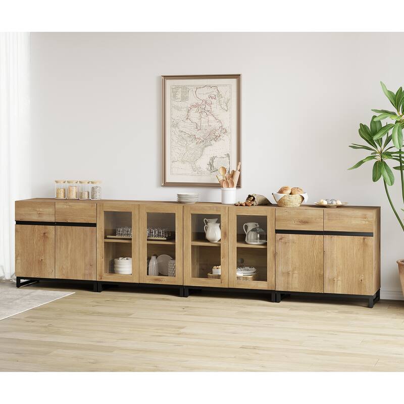 Modern Sideboard with Adjustable Shelves, 4 in 1 Storage Cabinet with Glass Doors, Coffee Bar Cabinet - 126 inches - Oak