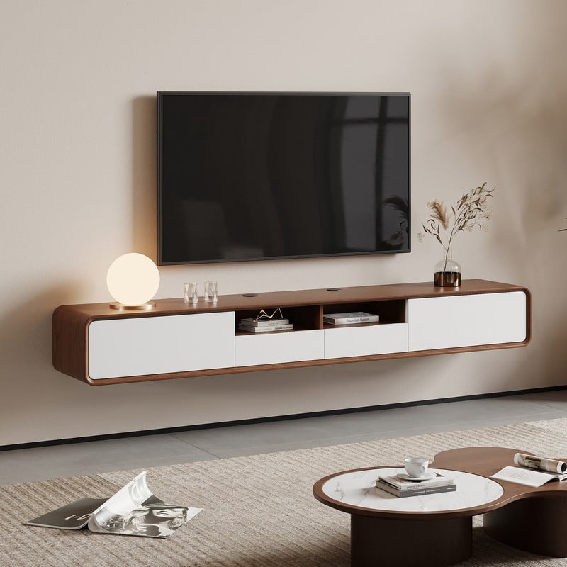 70.78" Mid Century Floating TV Stands, Modern Media Console with Brown Solid Wood, 4 Drawers