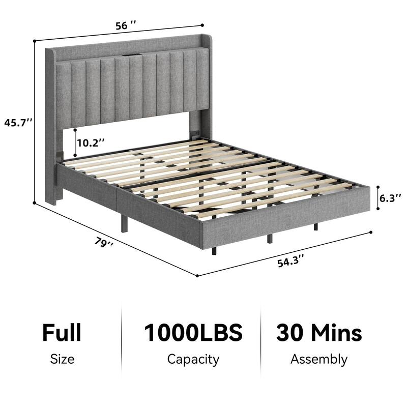 Floating Bed Frame with LED Lights, Upholstered Platform Bed Frame with Charging Station & Storage Headboard
