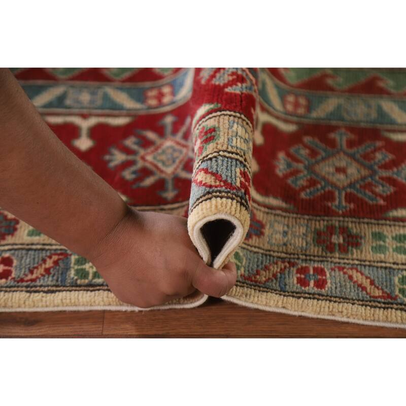 Hand Knotted Oriental 100% Wool Carpet Traditional Geometric Beige & Ivories Kazak Area Rug - 9' 9'' X 6' 7''