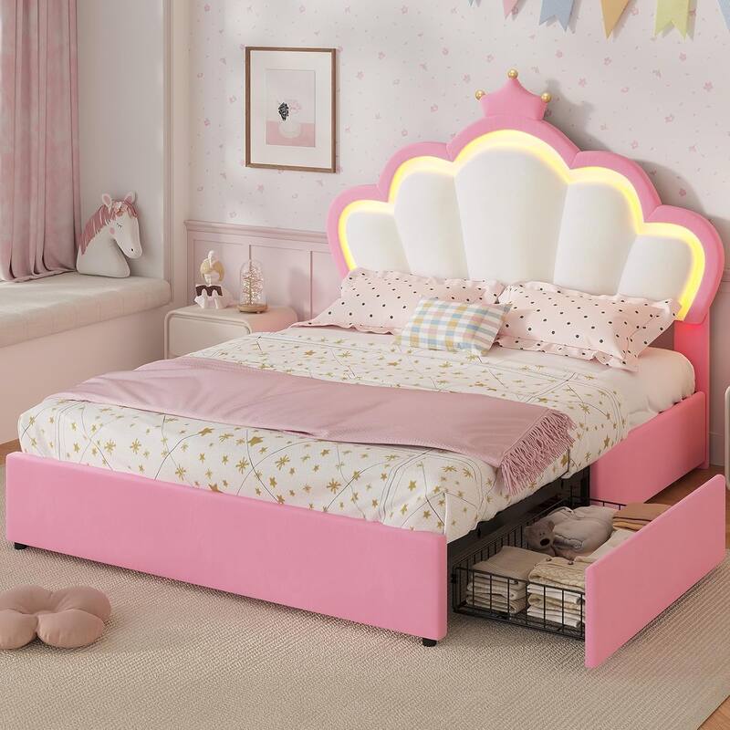 Bed Frame LED Lights Girls Bed Princess Crown Velvet Upholstered Platform Bed