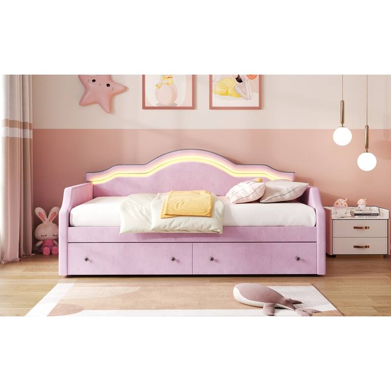 Upholstered Daybed with 2 Drawers, Wave Backrest Frame with Ambient Lighting, No Box Spring Needed Storage Sofa Bed
