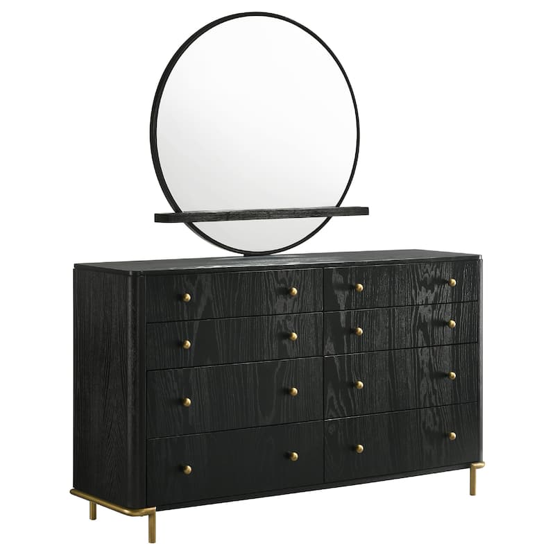 Fij Wide Dresser with Mirror, 8 Drawers, Black Wood Frame, Brass Knobs
