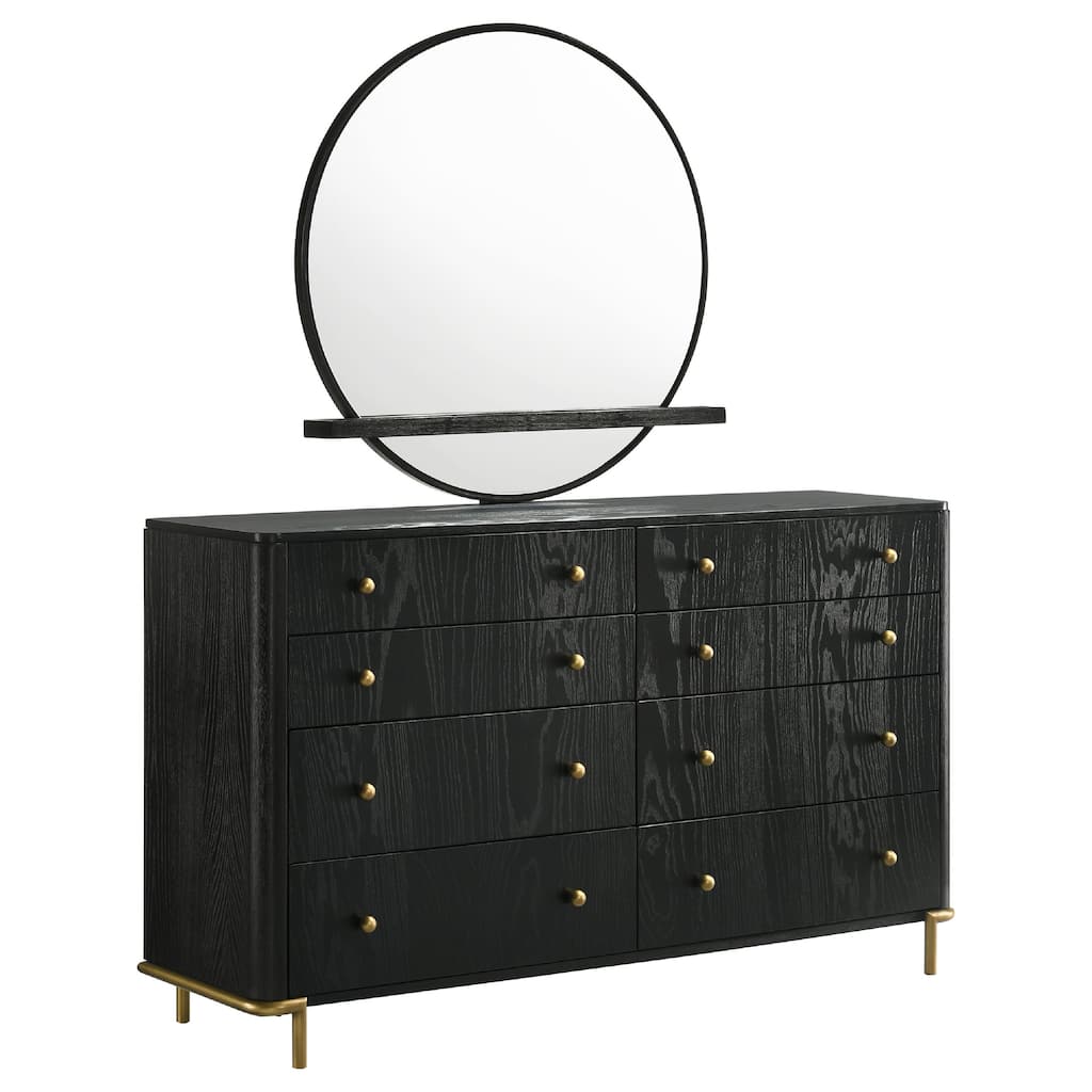 Fij Wide Dresser with Mirror, 8 Drawers, Black Wood Frame, Brass Knobs