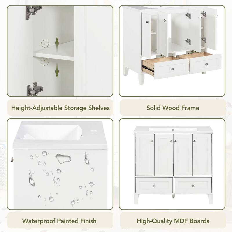 36'' Bathroom Vanity with Resin Sink Combo,Solid Wood Frame Bathroom Storage Cabinet with 4 Soft Closing Doors& 2 Drawers