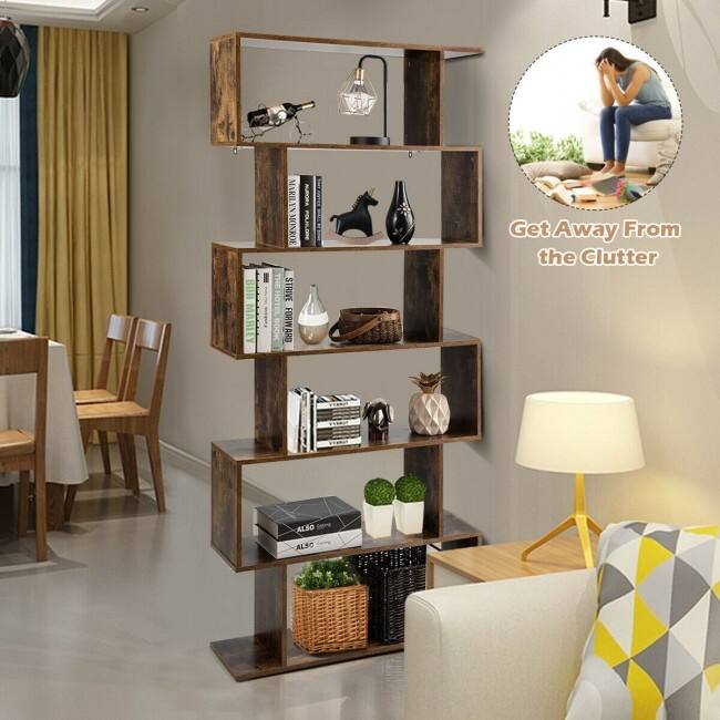 6-Tier S-Shaped Bookcase Z-Shelf Style Storage Bookshelf-Coffee - 31.5" x 9.5" x 76" (L x W x H)