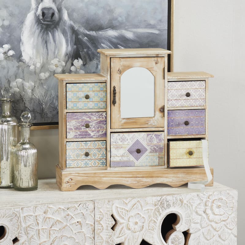 Wooden Scroll 7 Drawers Jewelry Box with Patchwork Patterns - Light Brown - Roche River Decor