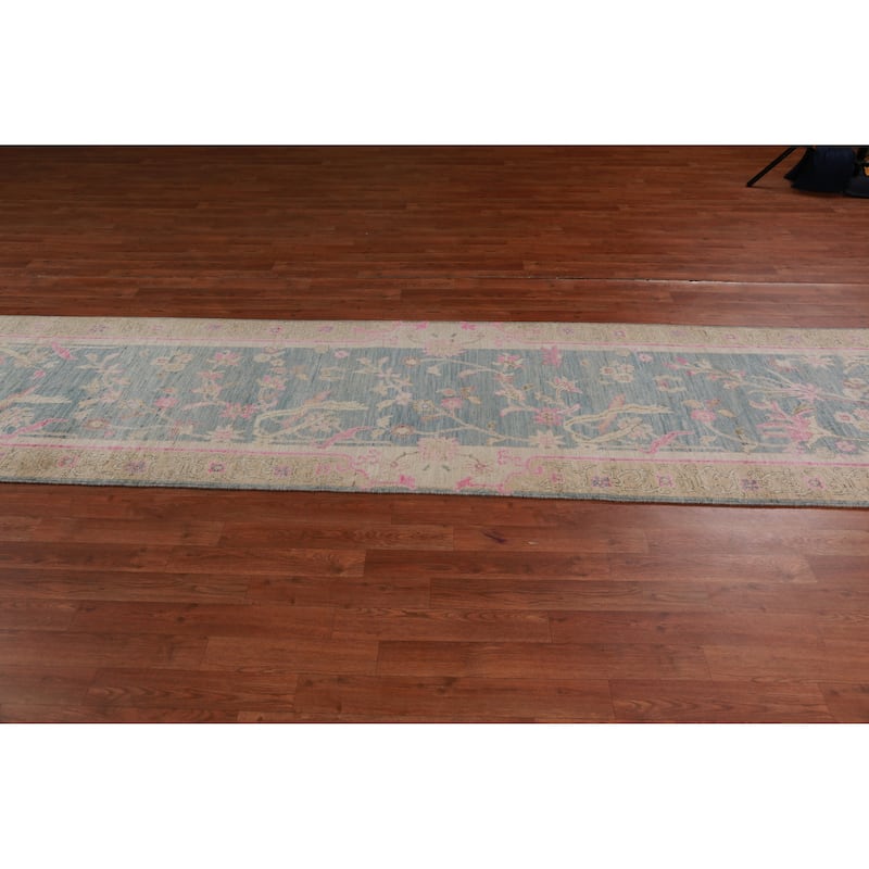 Hand Knotted Oriental 100% Wool Carpet Transitional All-Over Navy Blue & Blues Oushak Runner Rug - 12' 0'' X 2' 11''