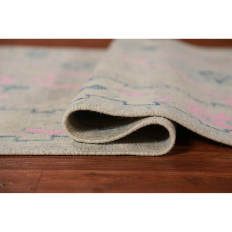 Hand Knotted Oriental 100% Wool Carpet Transitional Geometric Greys & Charcoal Oushak Runner Rug - 10' 0'' X 3' 3''