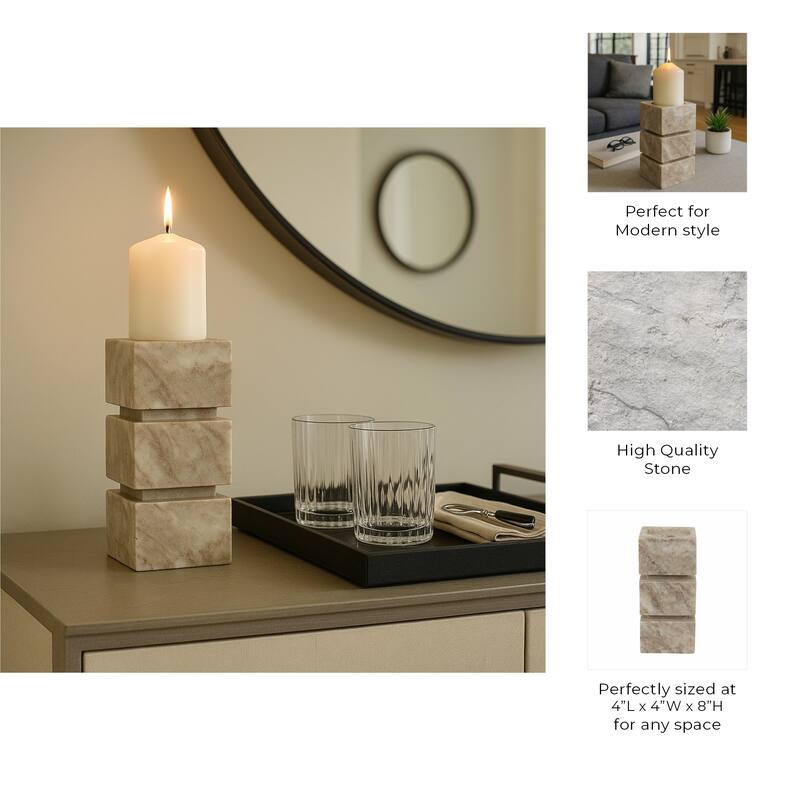 Modern Onyx Marble Stacked Cubes Candle Holder - Ivory & Tan