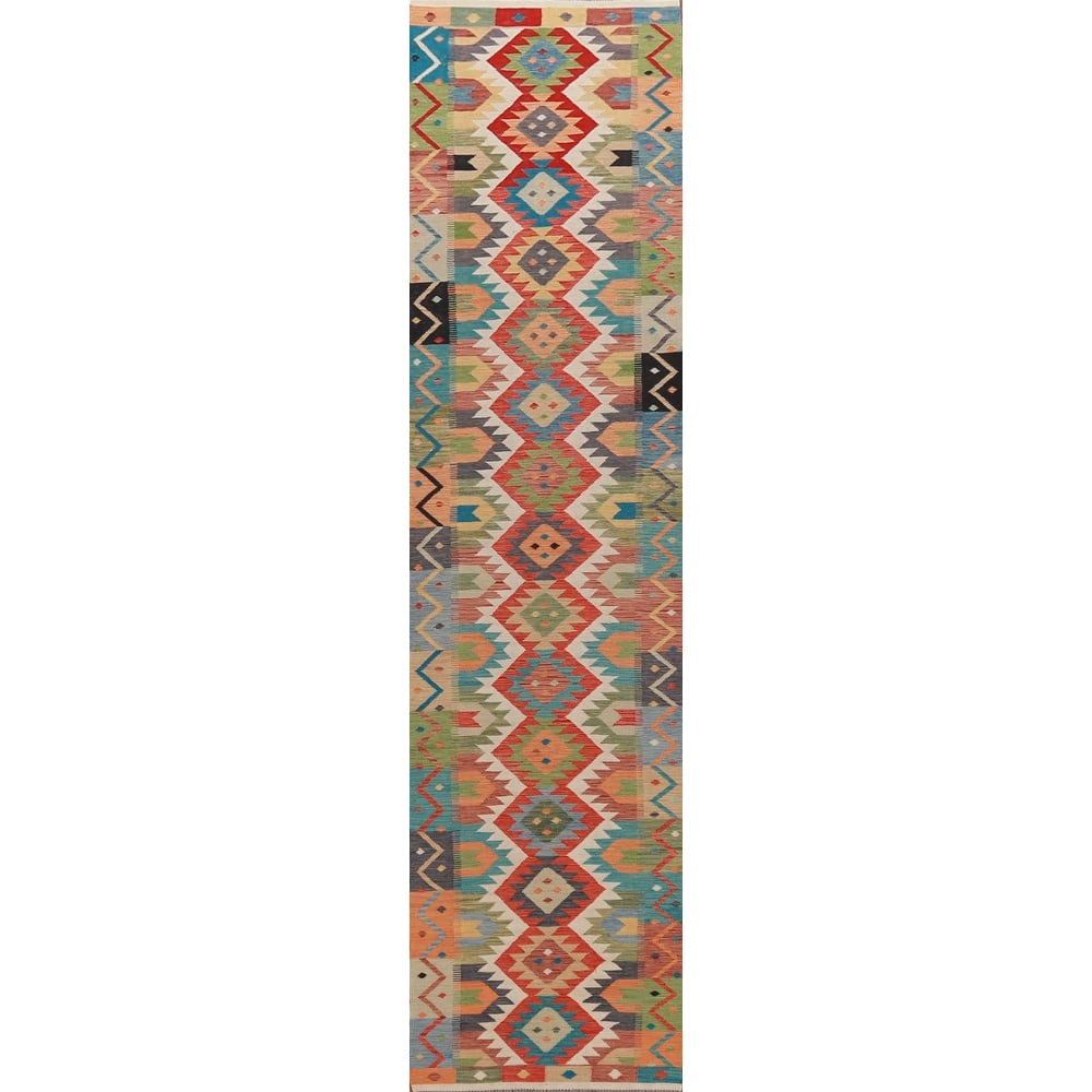 Hand Woven Oriental 100% Wool Carpet Southwestern Geometric Multi-Colored Kilim Runner Rug - 16' 2'' X 2' 10''