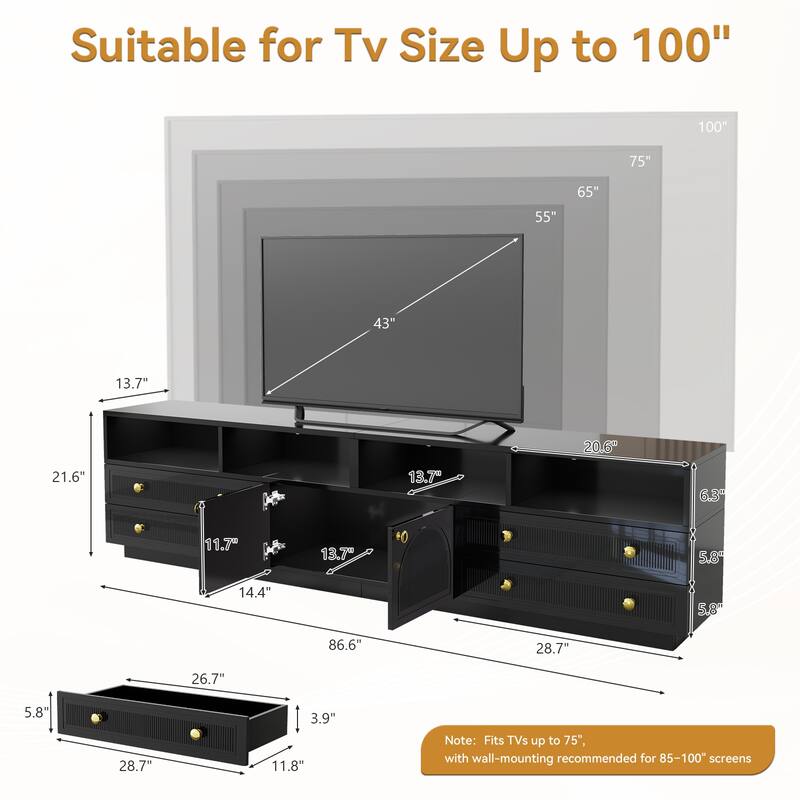 Gymojoy 86.6" LED TV Stand for 85-100 Inch TV, Modern Fluted Entertainment Center, 8 Drawers & Cabinet, Smart TV Console.