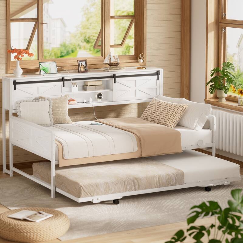 Farmhouse Twin Daybed with Pop-up Trundle Bed and Charging Station，Sofa Bed Frame with Bookcase Headboard with 2 Sliding Doors