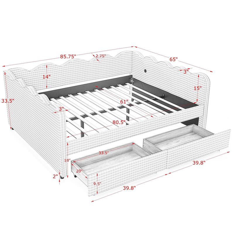 Full/Queen Gingham Daybed with 2 Storage Drawers, USB Port & Wave Shaped Linen Fabric