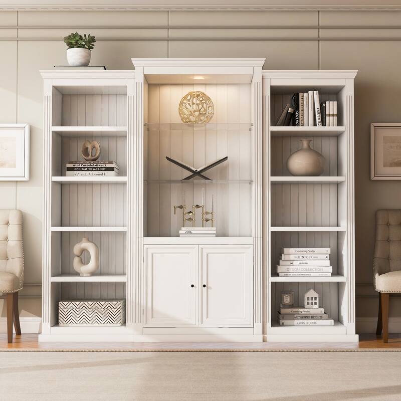 78.75IN Tall 3-Pieces Bookcase Display Cabinet with 5-Color Adjustable LED Ceiling Light and Tempered Glass Shelves - White