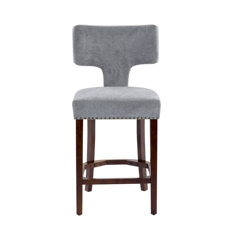 Counter Height Bar Stools Set of 2, Farmhouse Linen Fabric Upholstered Accent Chair Curved Backrest with Copper Nails around
