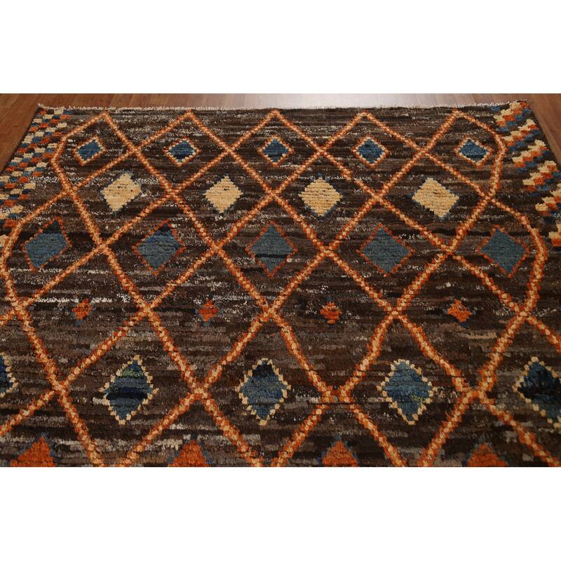 Hand Knotted Oriental 100% Wool Carpet Modern Tribal Brown Moroccan Area Rug - 9' 9'' X 6' 9''