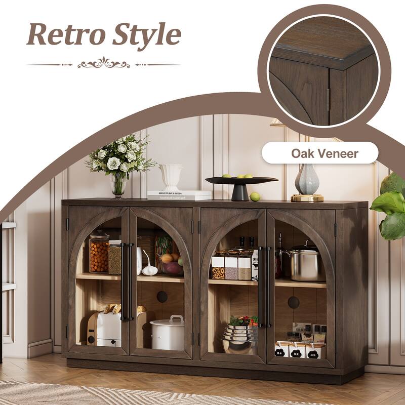 4-Door Large Storage Sideboard Buffet Cabinet with Glass Doors, Arched Cabinet with Adjustable Shelves for Kitchen, Dining Room